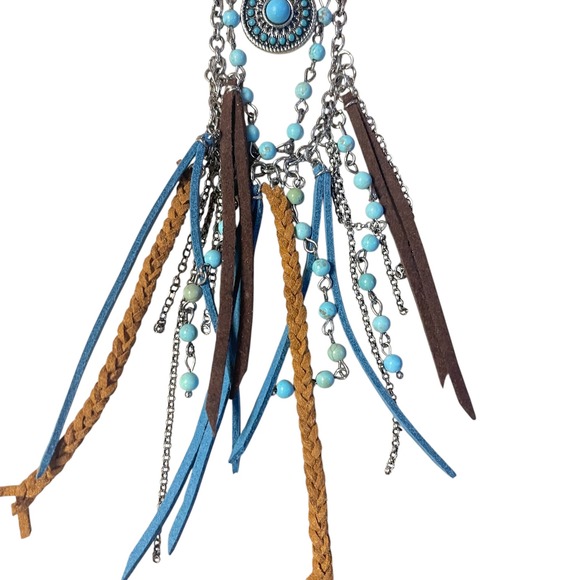 Justin Turquoise Tone Beaded Layered Necklace Feather Leather Tassels Western - Picture 7 of 8